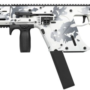 Modern tactical rifle with camouflage pattern and advanced features.