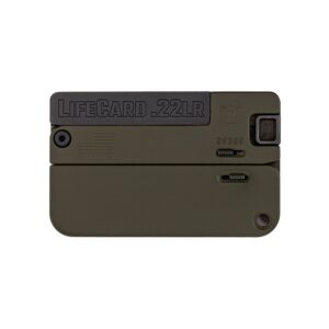 Compact Lifecard .22LR magazine for firearms, olive green color.