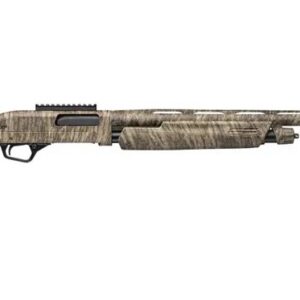 Camouflage-patterned hunting rifle with scope.