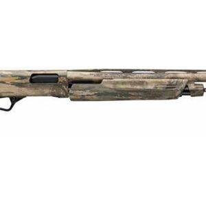 Rifle with camouflage pattern and scope, suitable for hunting and outdoor shooting.