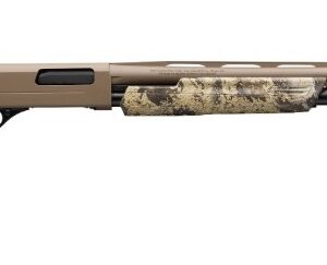 Rifle with camouflage stock, scope, and long barrel for hunting or shooting sports.