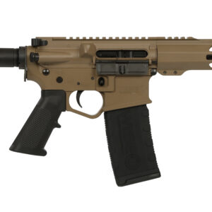 Firearm with tan and black finish, adjustable stock, and tactical handguard.