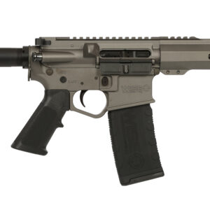 Tactical rifle with adjustable stock and ergonomic grip.