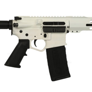 White and black tactical rifle with adjustable stock and ergonomic grip.