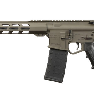 Tactical rifle with adjustable stock, long barrel, and ergonomic grip for precision shooting.