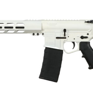 AR-15 rifle with white and black finish, adjustable stock, and tactical handguard.