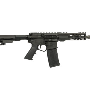 Black tactical rifle with adjustable stock and rail system.