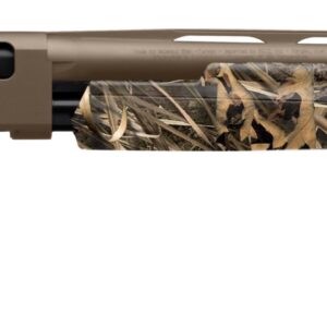 Hunting rifle with camouflage stock and long barrel for outdoor shooting.