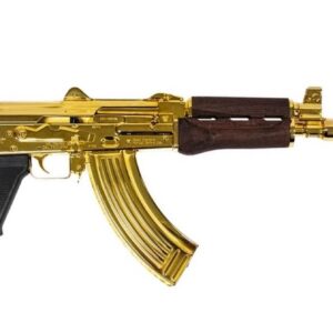 Golden AK-47 replica firearm on white background.